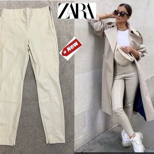 Zara ecru cream faux leather pleather high rise leggings zippered ankle L NWT